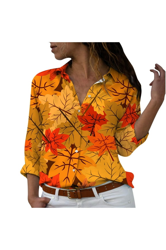 USSUMA Long Sleeve Blouse For Women Trendy, Womens Lapel Button Down Shirts Maple Leaf Floral Print Graphic Tops Long Sleeve Casual Blouses Fall for Female