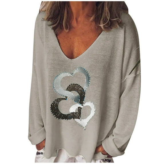 USSUMA Long-Sleeves Tunic Tops for Women Loose Fit Long Sleeve Early Autumn , Womens Junior Tees V-neck Oversized Boho Comfy Top Stripes Color Block Printing Casual Shirt Blouse