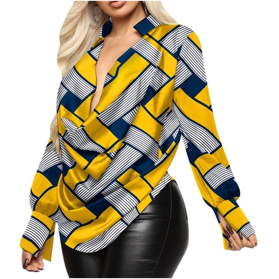 USSUMA Long Sleeve Shirts for Women Trendy Casual , Satin Shirt Top for Women Elegant Colorful Printed V Neck Drape Ruched Front Split Cuff Long Sleeve Blouse Fall Female