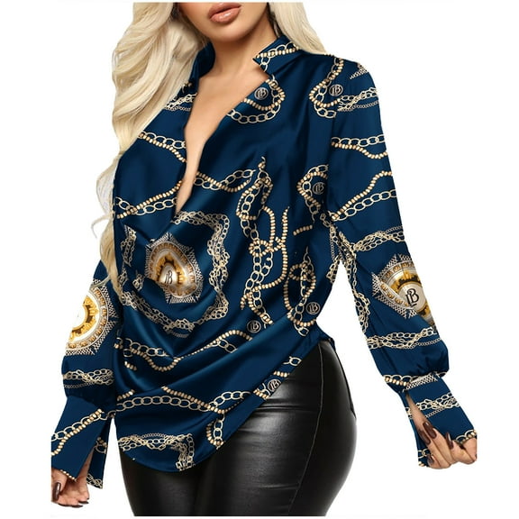 USSUMA Long Sleeve Shirts for Women Trendy Casual , Satin Shirt Top for Women Elegant Colorful Printed V Neck Drape Ruched Front Split Cuff Long Sleeve Blouse Fall Female