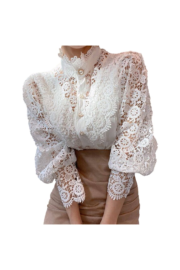 USSUMA Long Sleeve Shirts for Women Lace Floral Dressy Tops Office High Neck Trendy Spring Ladies Shirts Tops Elegant
