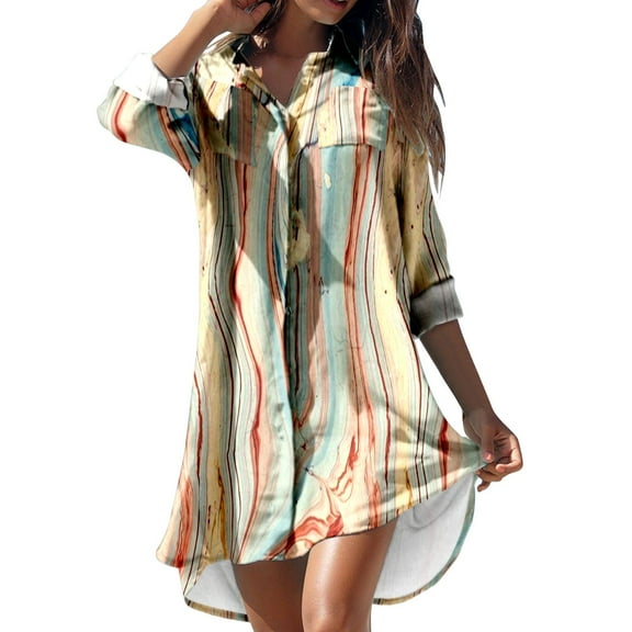 USSUMA Long Sleeve Summer Dresses for Women Casual Loose Button Down Pocket Beach Covers Beach Party Midi Sundresses V Neck Plus Dress Starfish Print Sun Dress Wedding Guest