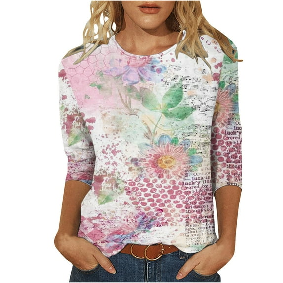USSUMA Long Sleeve Tops for Women Trendy Cute Loose Vintage 3/4 Sleeve Dressy Shirts Blouses Round Neck Women's Tops Fall Autumn Floral Printed Casual Tshirts Tunic Plus