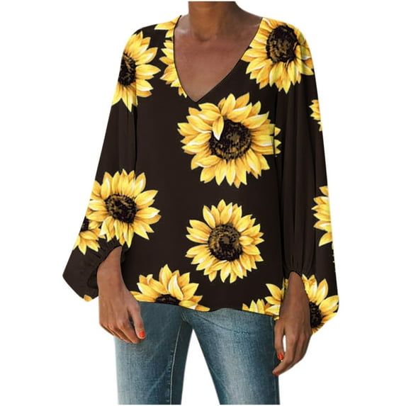 USSUMA Long Sleeve Tops for Women Trendy Stylish Loose Fitting Graphic Long Puff Sleeve Dressy Shirts Blouses V Neck Women's Tops Fall Autumn Sunflower Printed Casual Tshirts Tunic Plus