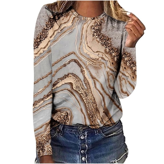 USSUMA Long Sleeve Women Tops Dressy Casual Loose Cute Basic Trendy T-Shirt Shirts Oil Painting Vintage Colorful Print Tunics Top Plus Size for Women Crewneck Fall Female Blouse Long Sleeve