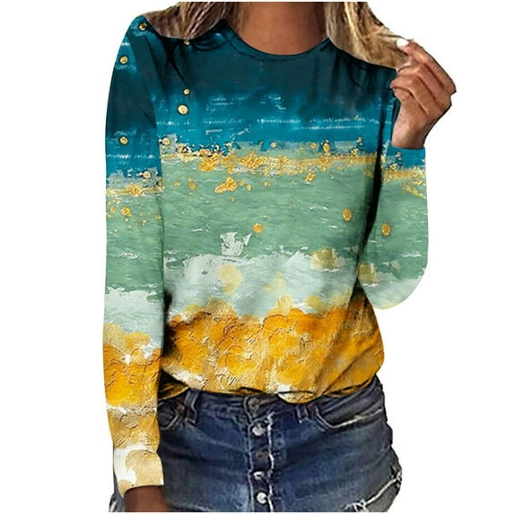 USSUMA Long Sleeve Women Tops Dressy Casual Loose Cute Basic Trendy T-Shirt Shirts Oil Painting Vintage Colorful Print Tunics Top Plus Size for Women Crewneck Fall Female Blouse Long Sleeve