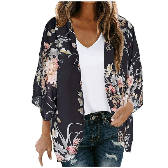 USSUMA Floral Print Womens Blouses and Tops Dressy Short Sleeve Plus Female Tops Casual Chiffon Cardigan Jacket T-Shirts Shirt for Women Trendy Open Front Tunic Plus Size