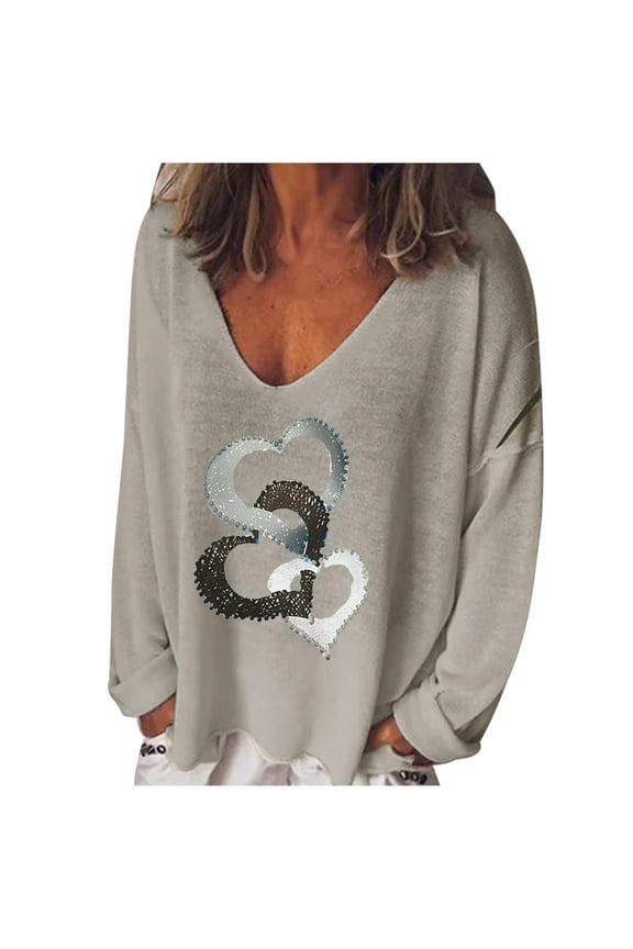 USSUMA Long-Sleeves Womens Tops 2022 Early Autumn , Women Junior Pullover Top V-neck Loose Fit Graphic Classic Tshirt Skull Gradient Printing Fashion Blouses Trendy Tunics