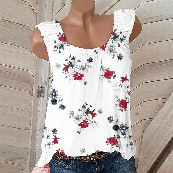 USSUMA Loose Fit Vest Tanks Summer Tops for Women 2022 Trendy Floral Print Cami Womens Tunic Tops Round Neck Basic Shirts Tees Sleeveless Dressy Blouses for Women