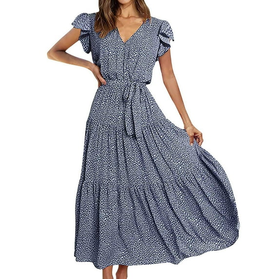 USSUMA Maxi Sundress for Women Beach Vacation Pleated Ruffle Aline Swing Long Summer Dresses for Women Party Trendy Ruffle Sleeve V Neck Sun Dresses Women Casual
