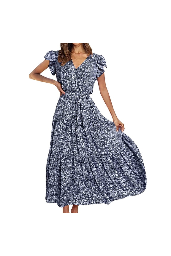 USSUMA Maxi Sundress for Women Beach Vacation Pleated Ruffle Aline Swing Long Summer Dresses for Women Party Trendy Ruffle Sleeve V Neck Sun Dresses Women Casual