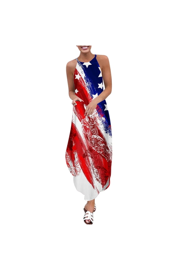 USSUMA Maxi Sundresses for Women Casual Summer American Flag Long Beach Dress Womens 4th of July Stars and Stripes Patriotic Plus Sun Dresses Halter Neck Sleeveless Dress Party Vacation