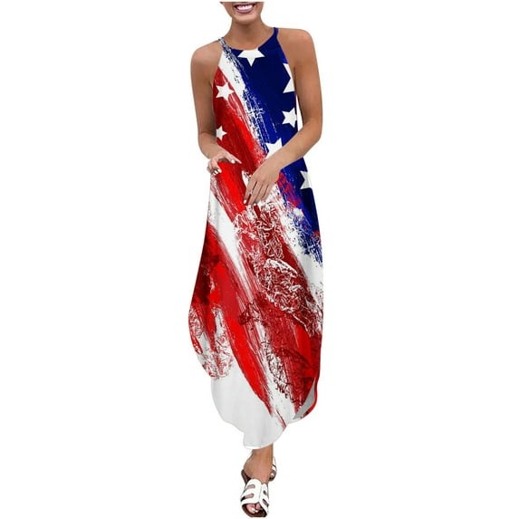 USSUMA Maxi Sundresses for Women Casual Summer American Flag Long Beach Dress Womens 4th of July Stars and Stripes Patriotic Plus Sun Dresses Halter Neck Sleeveless Dress Party Vacation