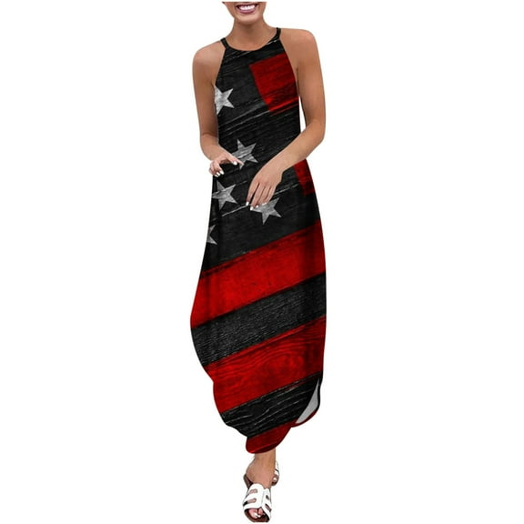 USSUMA Maxi Sundresses for Women Casual Summer American Flag Long Beach Dress Womens 4th of July Stars and Stripes Patriotic Plus Sun Dresses Halter Neck Sleeveless Dress Party Vacation