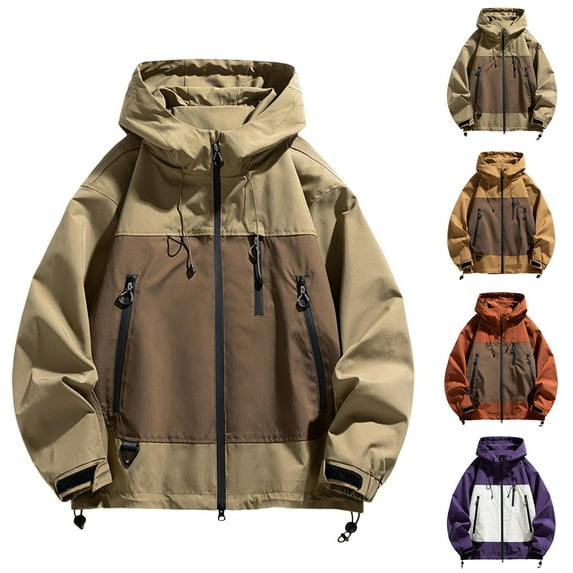 USSUMA Men Rain Jackets Waterproof Windproof Jacket Long Sleeved Hooded Full Zipper Pocket Coat Comfortable Multicolor Loose Outerwear Outdoor Fall Top