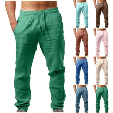 USSUMA Mens Joggers with Pockets Linen-Cotton Blend Long Khakis Casual Relaxed Drawstring Elastic Waist Casual Pants Drawstring Adaptable Casual Mens Workout Pants Blue L