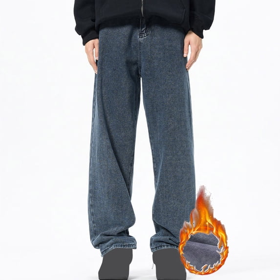 USSUMA Mens Sweatpants Denim Jeans Long Boyfriend Activewear Straight-Leg Denim Thickened Straight-Leg Pants Pull-On Wide-Leg Adaptable Casual Insulated Men Sweatpants Gray XL