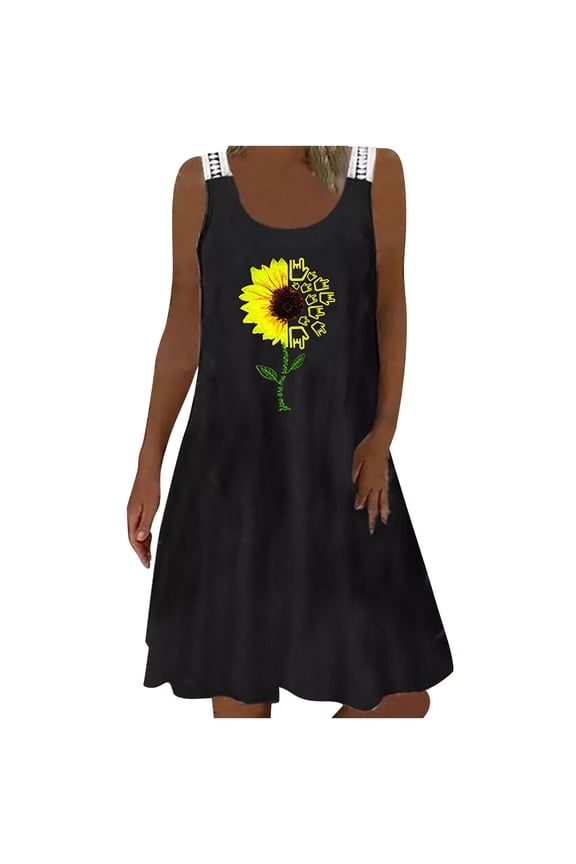 USSUMA Midi Summer Dresses for Women Casual Sleeveless Sunflower Loose Flowy Swing Knee Length Sundresses Trendy Plus Size Dandelion print Round Neck Sun Dress Female Beach Party Vacation