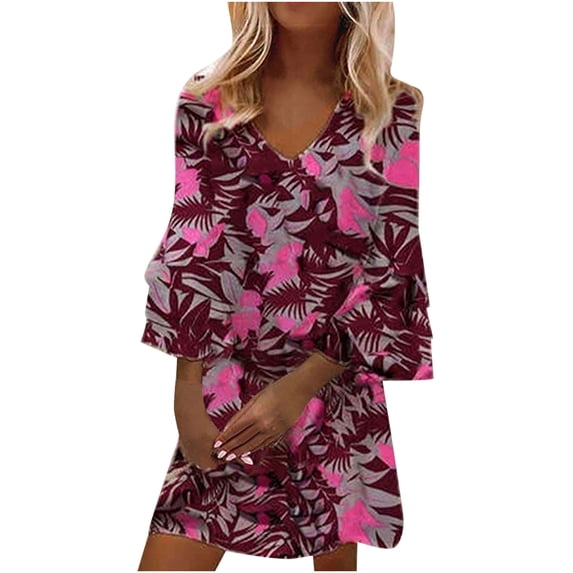 USSUMA Mini Summer Dresses for Women Casual 3/4 Sleeve Flowy Tshirts Sundresses Trendy Plus Size Marble Print V Neck Sun Dress Female Beach Party Vacation