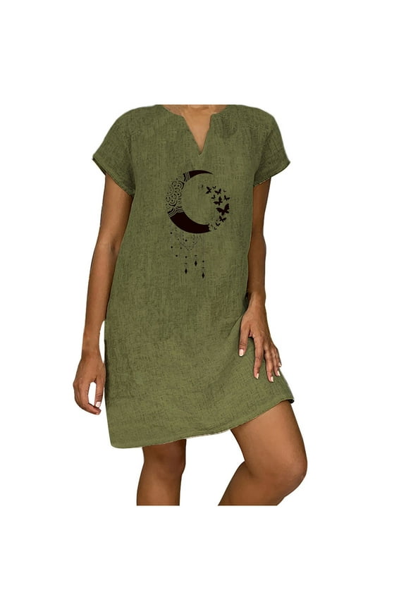 USSUMA Moon Butterfly Print Women's Dresses Midi Sundresses for Women Casual Summer Short Sleeve Vintage Knee Length Linen Cotton Shift Sun Dress Beach Vacation V-Neck Graduation Dress