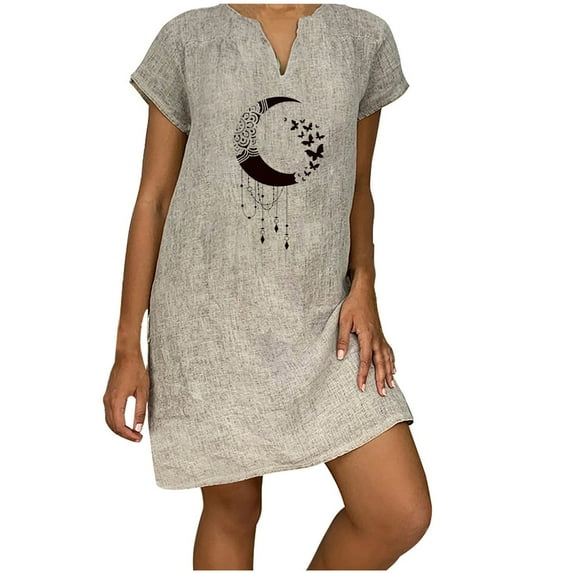 USSUMA Moon Butterfly Print Women's Dresses Midi Sundresses for Women Casual Summer Short Sleeve Vintage Knee Length Linen Cotton Shift Sun Dress Beach Vacation V-Neck Graduation Dress