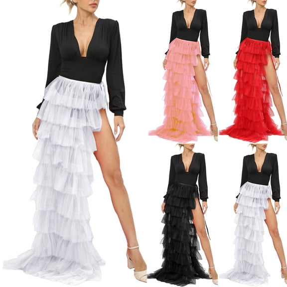 USSUMA Multi-Layer High-Slit Asymmetrical Maxi Skirt With Tiered Mesh Panels High Waist Flowing Lined Design For Elegant Evening Parties Festivals And Resort Wear, maxi skirt