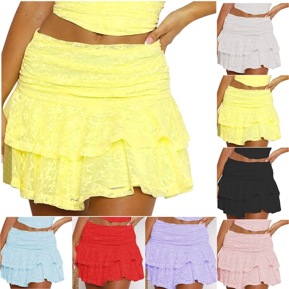 USSUMA Multi-Layer Lace Cake Mini Skirt Tiered Ruffle Hem Elastic Waist Lined Pull-On Design For Night-Out Party Dance Costumes And Trendy Street Styling — Mini Skirt