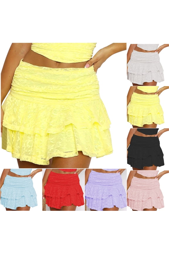 Multi-Layer Lace Cake Mini Skirt Tiered Ruffle Hem Elastic Waist Lined Pull-On Design For Night-Out Party Dance Costumes And Trendy Street Styling — Mini Skirt
