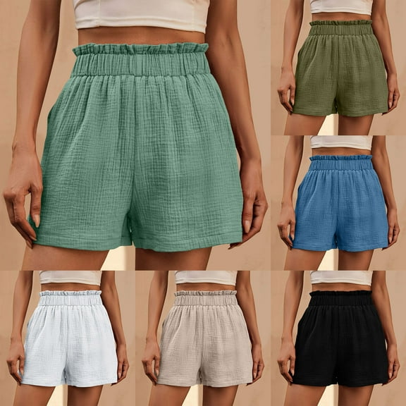 USSUMA Online Shopping Biker Shorts Women Solid Color Bermuda Pull-on Ribbed High Waist Wide Leg Leisure with Pocket Athletic Shorts Semi Fit Shorts for Women for Shopping Army Green L