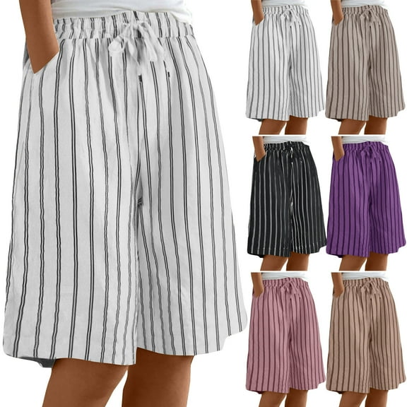 USSUMA My Order Linen Shorts for Women Solid Color Drawstring Straight Wide Leg Trousers with Pocket Striped Simple Shorts Half Shorts Slim Fit Womens Shorts for Shopping Beige L