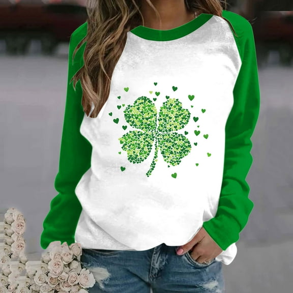 USSUMA My Order Tops for Women Trendy Long Sleeve Crew Neck St. Patrick'S Day Clover Printed Stylish Pullover Shirt Tops Casual Tshirt Delightful Regular Fit Women Clothing for Go to School Green S