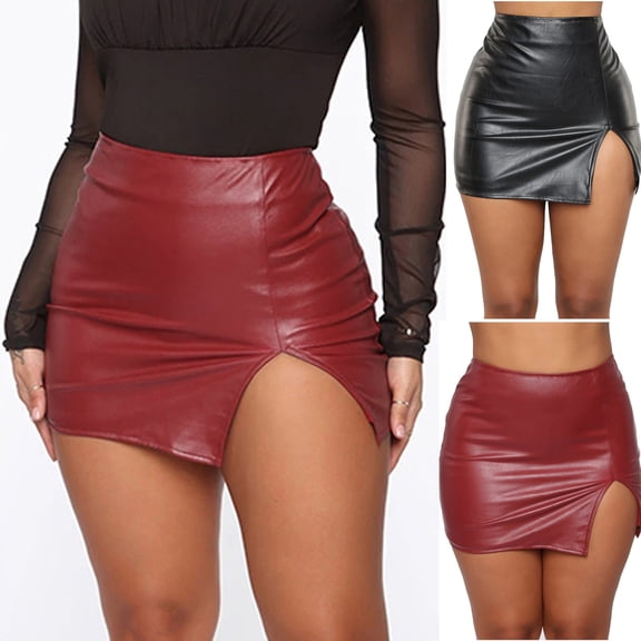 USSUMA PU Leather Zipper Mini Skirt High-Waist Bodycon Fit Faux Leather Smooth Finish Zipper Detail For Night Out Clubwear Streetwear And Costume Styling, mini skirt