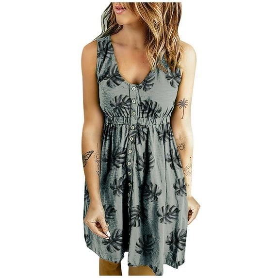 USSUMA Palm Tree Print Mini Beach Dresses for Women Casual Summer U Neck Sleeveless Womens Sun Dresses Vacation Button Down Tank Tshirt Sundresses Wedding Guest for Women