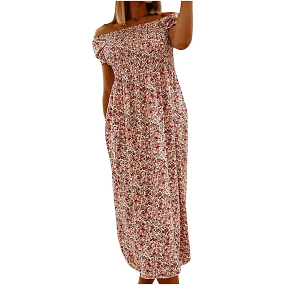 USSUMA Pleated Floral Print Beach Dresses for Women Casual Summer Off Shoulder Short Sleeve Plus Maxi Sundresses Women Flowy Swing Long Boho Vacation Sun Dress Wedding Guest