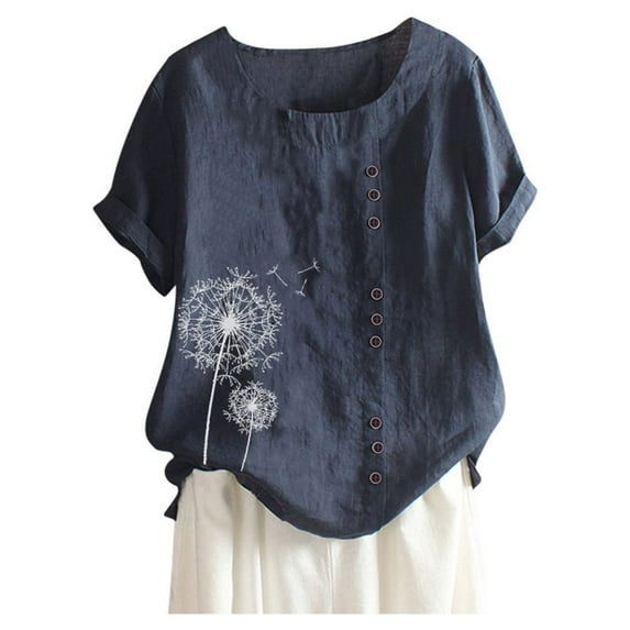 USSUMA Plus Size Blouses for Women Cotton Linen Tops Round Neck Comfy Tops Dandelion Print Buttons Decors Dressy Shirt