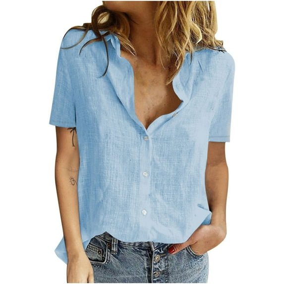 USSUMA Plus Size Button Down Lapel Womens Tops Summer Loose Fit Solid Color Summer Top and Blouses Trendy Short Sleeve Shirts T-Shirt for Women Dressy V Neck Tunic Plus