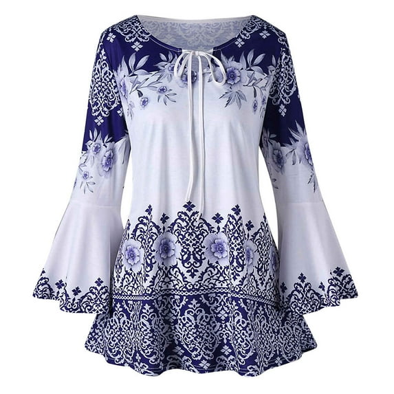 USSUMA Plus Size Floral Tops for Women Casual Tie Front Neck Loose Top Flare Sleeve Blouse Shirt Tops