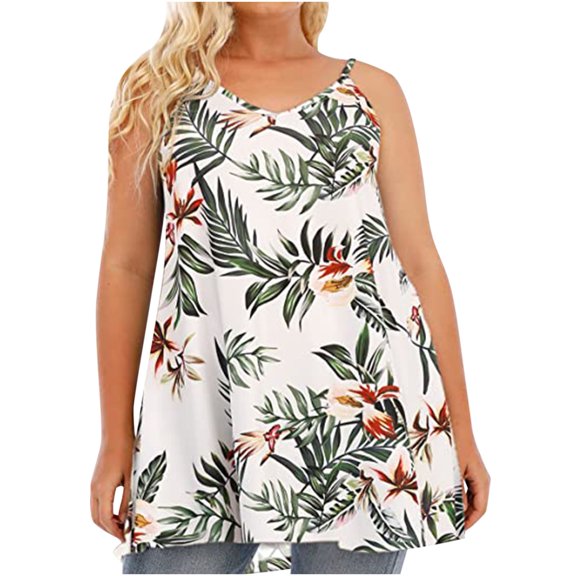 USSUMA Plus Size Flowy Tank Tops Summer Tops for Women 2022 Trendy Sunflower Graphic Womens Tunic Tops v Neck Basic Shirts Tees Sleeveless Dressy Blouses for Women