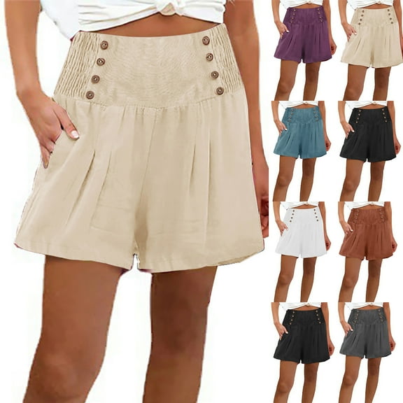 USSUMA Plus Size Shorts Solid Color Pleated Elastic Band Comfortable And Fashionable with Pocket High Waist Beach Shorts Soft Shorts Straight Pants Linen Relaxed Fit Summer Shorts Beige L