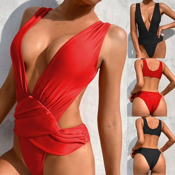 USSUMA Plus Size Swimsuit for Women Solid Color One Piece Swimsuit Backless Swimsuit Halter Pleated Comfy Womens Bikini for Casual Black up to 45% off