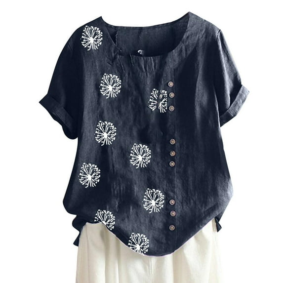 USSUMA Plus Size Tops Women Vintage Short Sleeve Cotton Linen Blouse O-Neck Dandelion Print Blouse Top T-Shirt