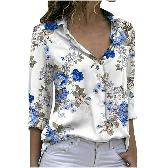 USSUMA Plus Womens Tops Dressy Casual Blouses for Women Dressy Casual Floral Print Tops Tshirts V Neck Long Sleeve Button Down Shirt
