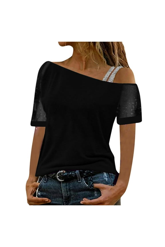 USSUMA Plus Womens Tops Dressy Casual Cold Shoulder Sequined Mesh Off the shoulder Women's Tunics Solid Color Basic Tee T Shirts for Women Short Sleeve Summer Blouses Trendy