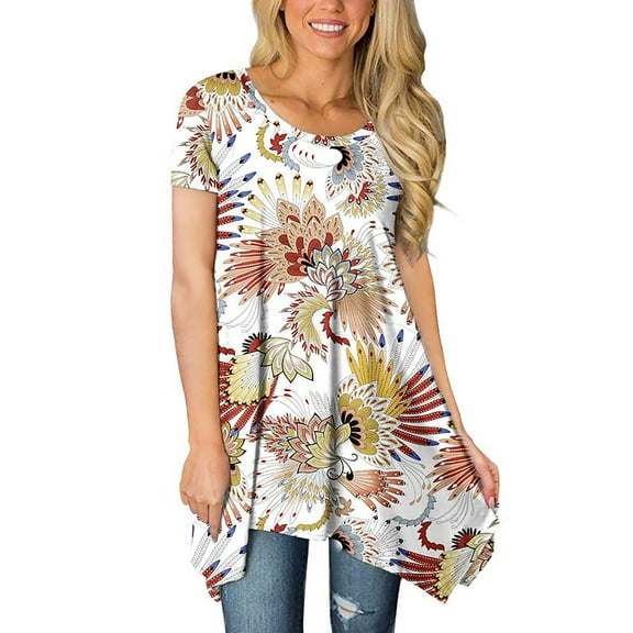 USSUMA Plus Womens Tops Dressy Casual Crew Neck Short Sleeve Women's Shirts and Blouses Floral Print T-Shirts for Women Trendy Long Flowy Irregular Hem Tunic Top Summer Beach
