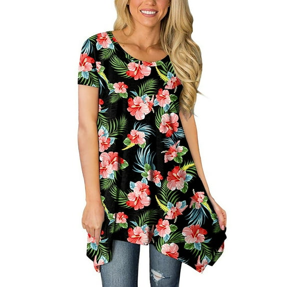 USSUMA Plus Womens Tops Dressy Casual Crew Neck Short Sleeve Women's Shirts and Blouses Floral Print T-Shirts for Women Trendy Long Flowy Irregular Hem Tunic Top Summer Beach