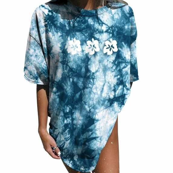 USSUMA Plus Womens Tops Dressy Casual Crew Neck Short Sleeve Women's Shirts and Blouses Gradient Floral Print T-Shirts for Women Trendy Oversized Vintage Graphic Tunic Top Summer Beach