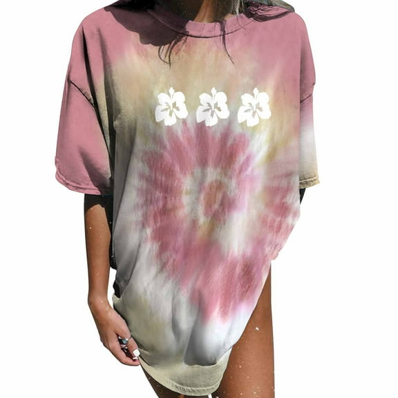 USSUMA Plus Womens Tops Dressy Casual Crew Neck Short Sleeve Women's Shirts and Blouses Gradient Floral Print T-Shirts for Women Trendy Oversized Vintage Graphic Tunic Top Summer Beach