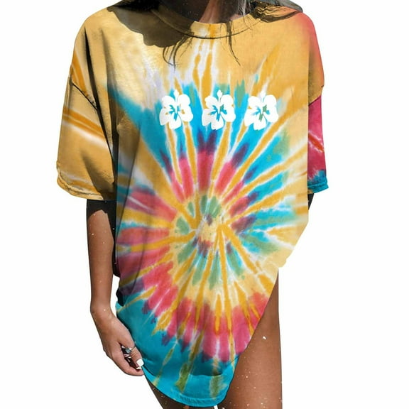 USSUMA Plus Womens Tops Dressy Casual Crewneck Short Sleeve Women's Shirts and Blouses Tie Dye T-Shirts for Women Trendy Vintage Oversized Floral Graphic Tunic Top Summer Beach