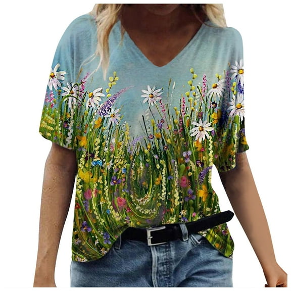 USSUMA Plus Womens Tops Dressy Casual Floral Print Tops for Women Vintage Summer Casual Tops Short Sleeve V Neck Loose Tees Boho Tunic Blouse T Shirt Tops