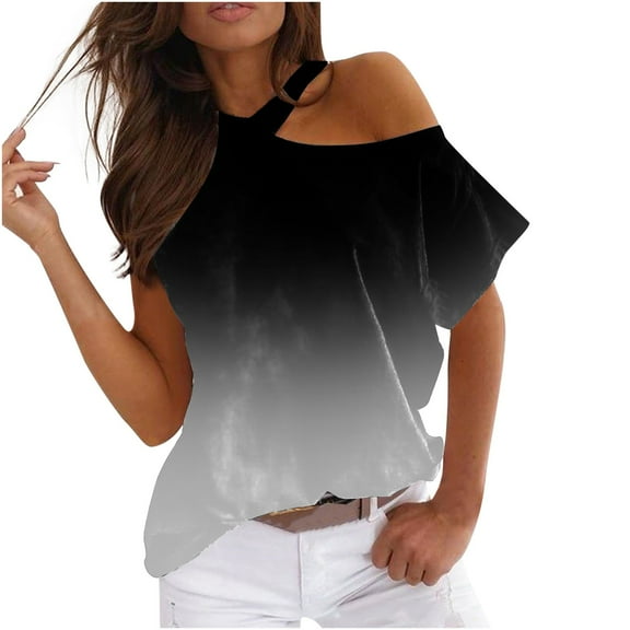 USSUMA Ombre Cold Shoulder Summer Tops for Women 2022 Trendy Sexy Tie-Dye Gradient Womens Tunic Tops Off the shoulder Basic Shirts Tees Short Sleeve Dressy Blouses for Women